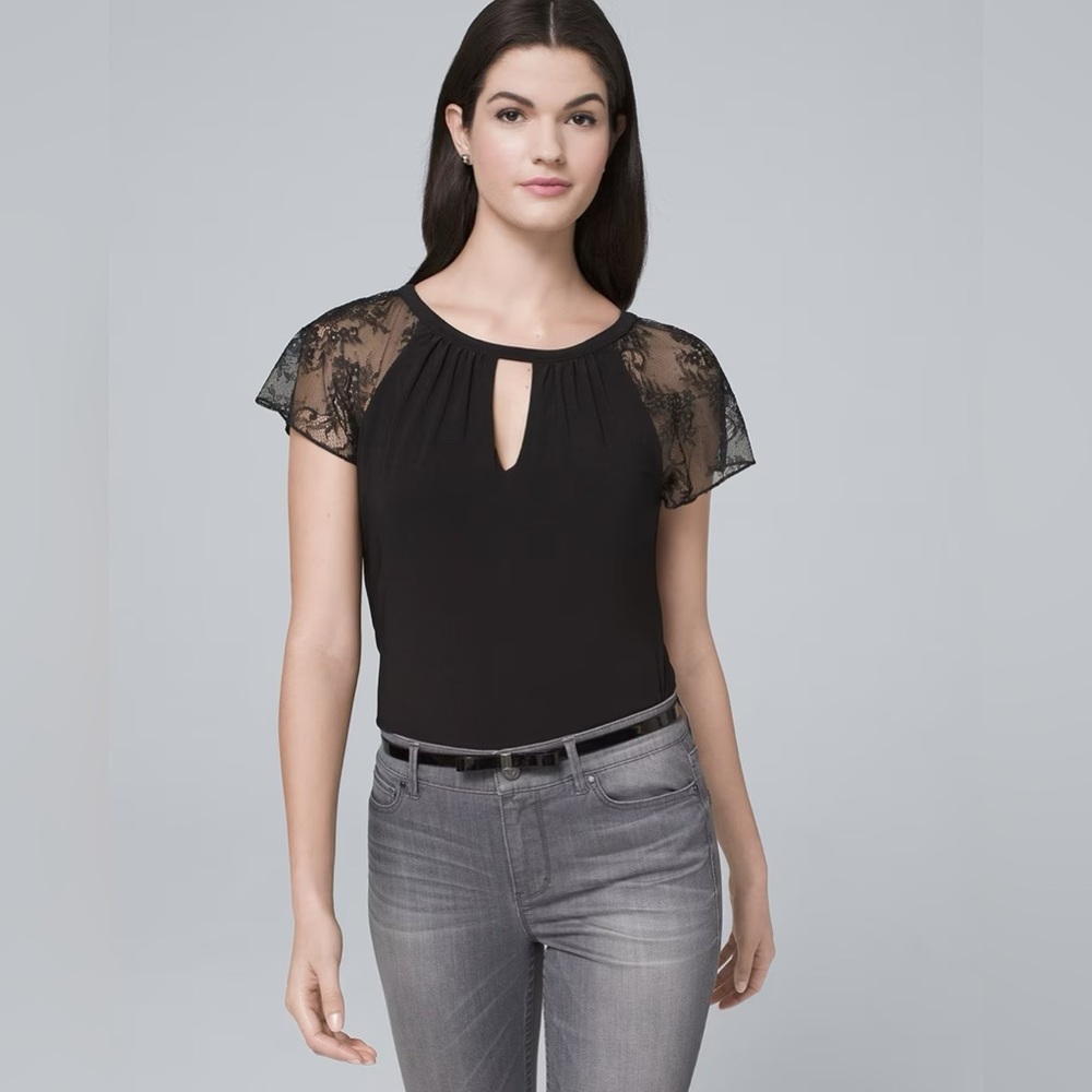 White House Black Market Lace Sleeve Black Top Size Large